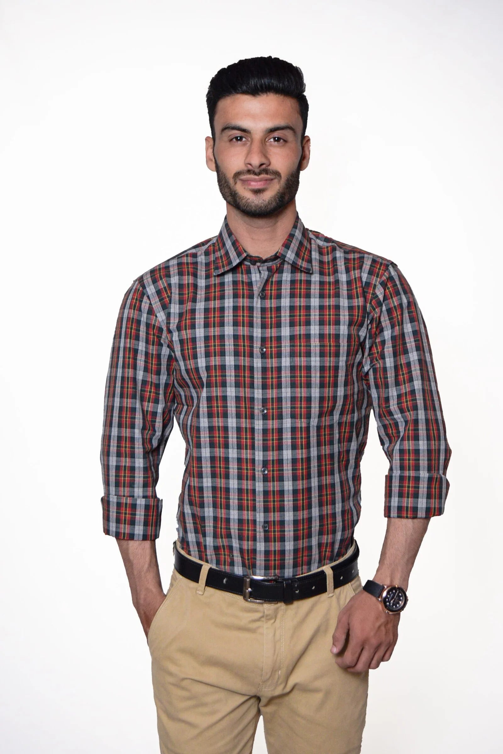 Firdous Premium Men's Formal Shirt – Orange & Black Check